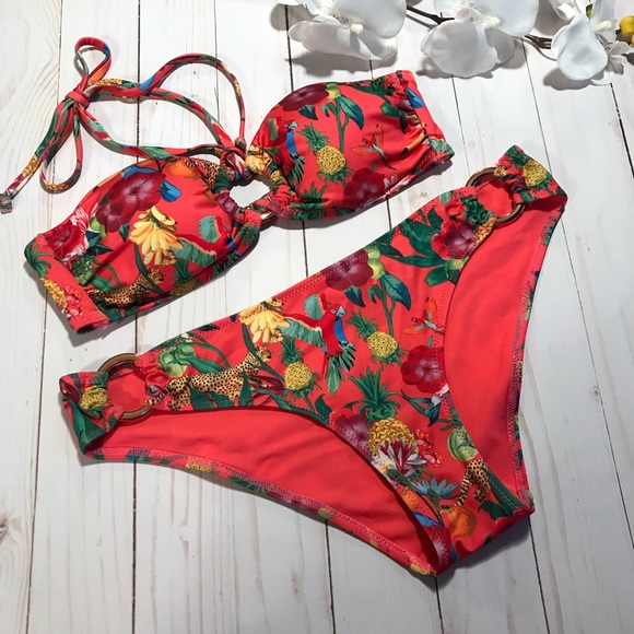 Hot Coral Pink Tropical Print 2 pc Bathing Suit 8 - Picture 8 of 14